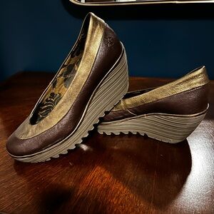 Fly London Brown and Gold Wedges